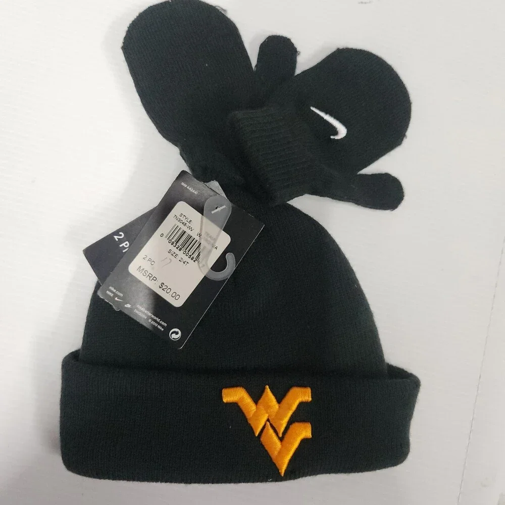 Nike West Virginia Kids Beanie and Mittens Set Black Size 2T/4T New With Tags